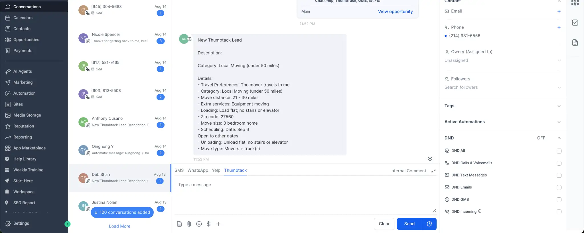 CRM dashboard showing a new Thumbtack lead