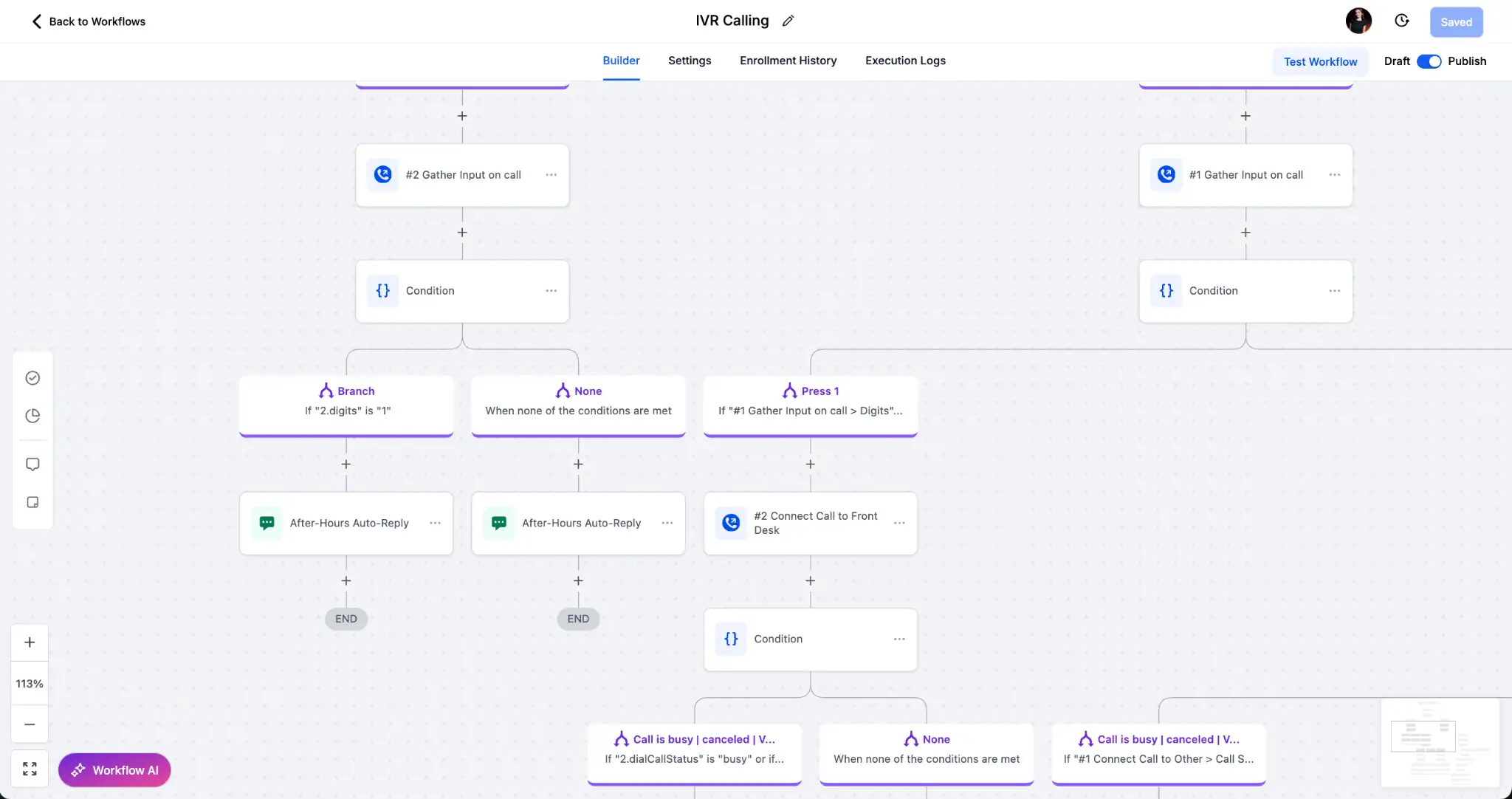 IVR calling workflow automation showing call routing, conditions, and after-hours auto-reply setup in CRM system
