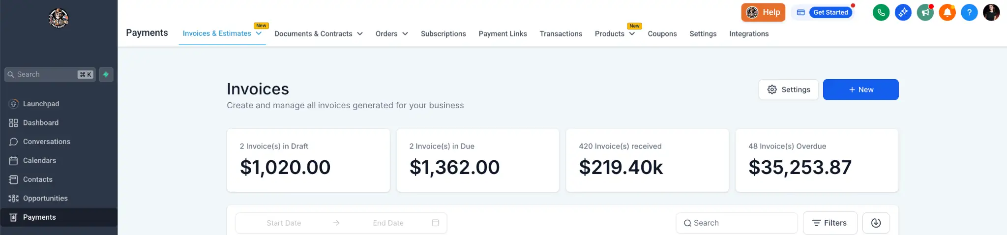 payment dashboard showing invoices in draft, due, received, and overdue with total balances for business management