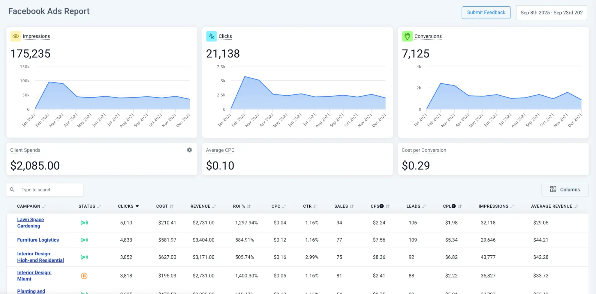 Facebook Ads Report showing impressions, clicks, conversions, CPC, cost per conversion, and campaign ROI metrics for digital marketing performance