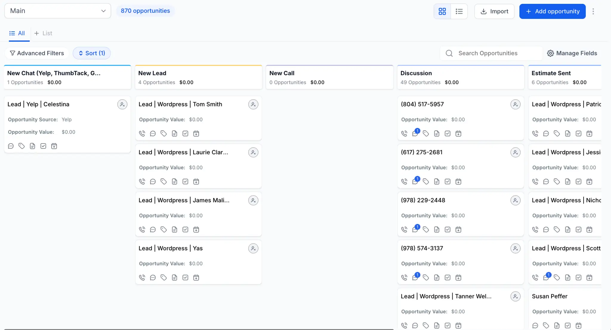 Screenshot of CRM dashboard showing lead and opportunity tracking