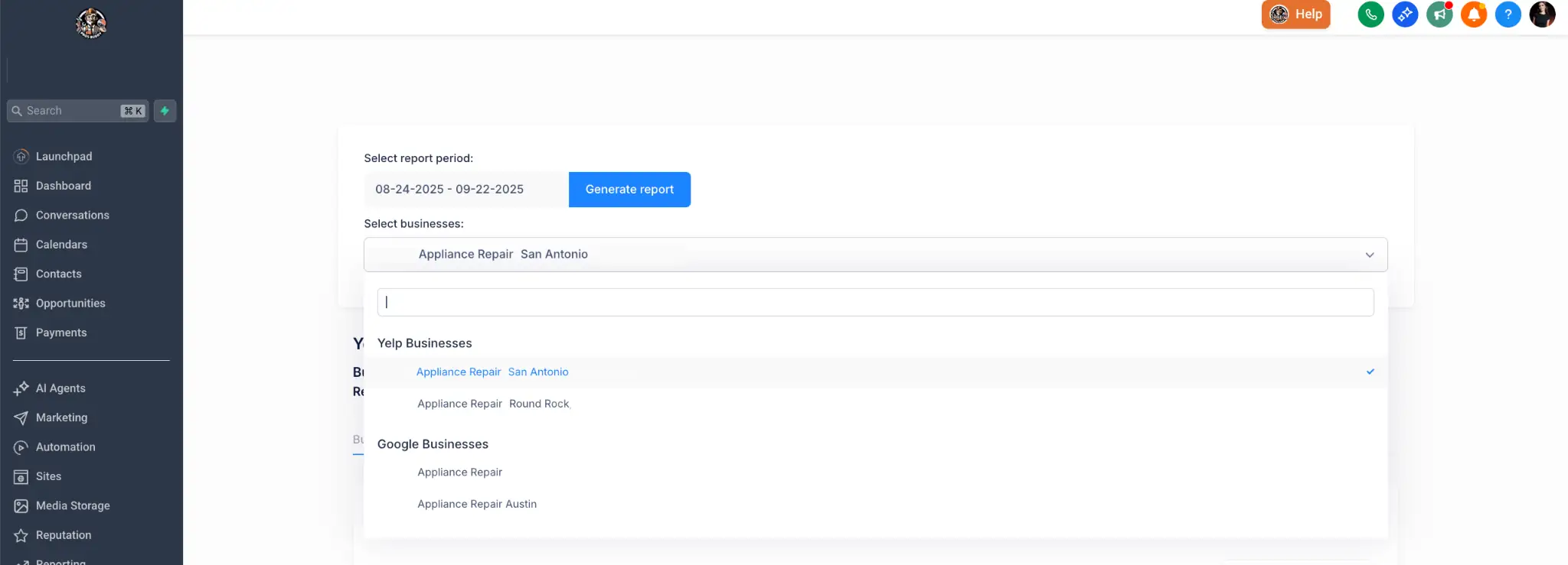 Screenshot of CRM report generator showing Appliance Repair San Antonio business selection with Yelp and Google integration for local SEO performance